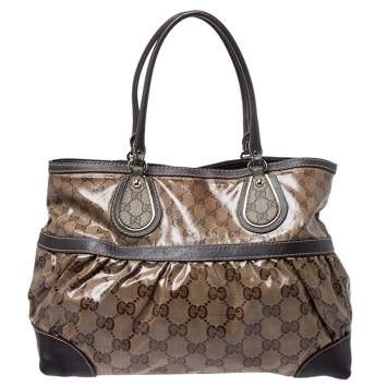 Pre Owned Gucci Brown GG Crystal Canvas and Leather Mix Tote 