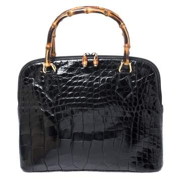 Pre Owned Gucci Black Alligator Bamboo Satchel