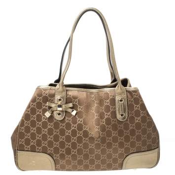Pre Owned Gucci Brown/Gold GG Canvas and Leather Princy Tote 
