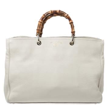 Pre Owned Gucci Ivory Leather Bamboo Large Shopper Tote 