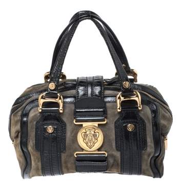 Pre Owned Gucci Black/Khaki Green Suede and Patent Leather Aviatrix Boston Bag