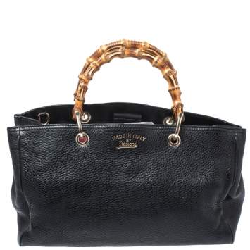 Pre Owned Gucci Black Leather Medium Bamboo Shopper Tote