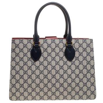 Pre Owned Gucci Navy Blue/Red GG Supreme Top Handle Bag