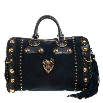 Pre Owned Gucci Dark Green Suede and Leather Large Babouska Indy Boston Bag