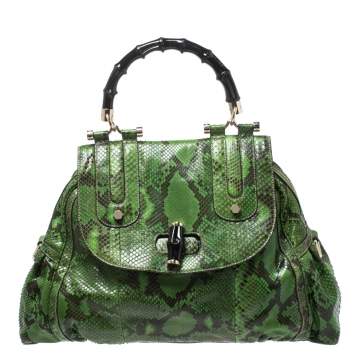 Pre Owned Gucci Green Python Dialux Pop Bamboo Top Handle Bag
