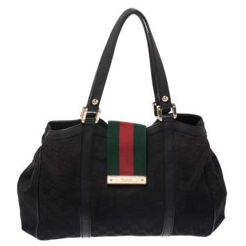 Pre Owned Gucci Black GG Canvas Small New Ladies Web Tote