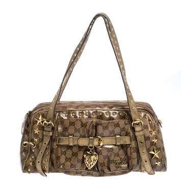 Pre Owned Gucci Brown/Gold GG Crystal Canvas Star Studded Satchel