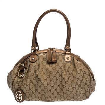 Pre Owned Gucci Metallic Rose Gold GG Canvas and Leather Medium Sukey Boston Bag
