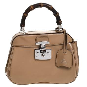 Pre Owned Gucci Beige Leather Lady Lock Bamboo Top Handle Bag