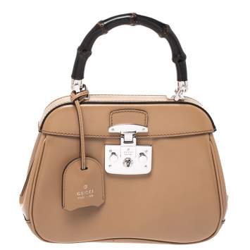 Pre Owned Gucci Beige Leather Lady Lock Bamboo Top Handle Bag