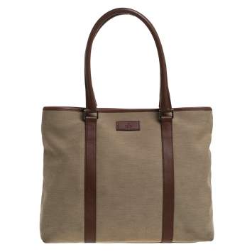Pre Owned Gucci Khaki Canvas and Leather Shopper Tote