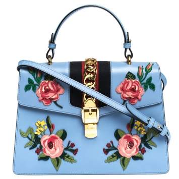 Pre Owned Gucci Blue Floral Embroidered Leather Medium Sylvie Top Handle Bag