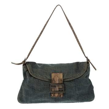 Pre Owned Fendi Blue Denim and Python Mama Baguette Bag       