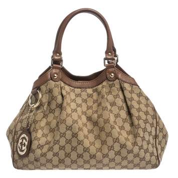 Pre Owned Gucci Beige/Brown GG Canvas and Leather Sukey Tote