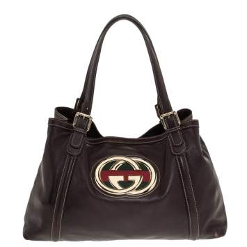 Pre Owned Gucci Dark Brown Leather Medium GG Britt Tote