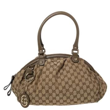 Pre Owned Gucci Beige/Olive Green GG Canvas and Leather Medium Sukey Boston Bag