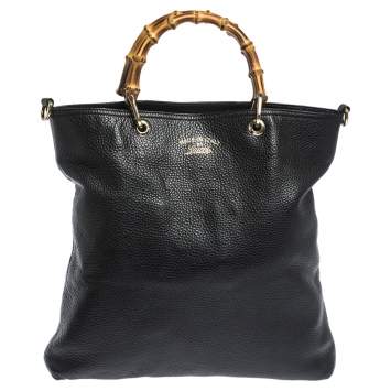 Pre Owned Gucci Black Leather Bamboo Handle Tote