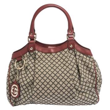 Pre Owned Gucci Beige/Red Diamante Canvas and Leather Medium Sukey Tote 