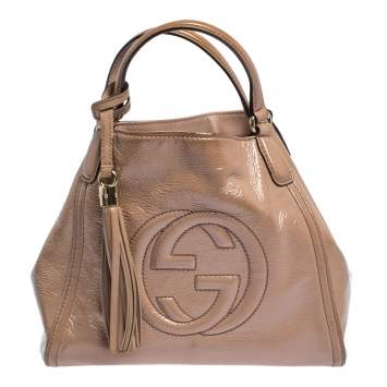 Pre Owned Gucci Nude Beige Patent Leather Small Soho Tote