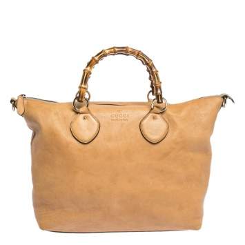 Pre Owned Gucci Beige Leather Medium Bamboo Shopper Tote