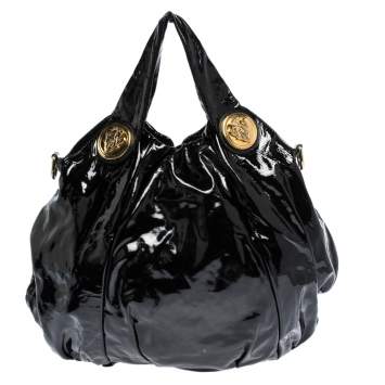 Pre Owned Gucci Black Patent Leather Hysteria Top Handle Tote Bag