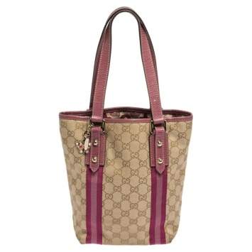 Pre Owned Gucci Beige/Pink GG Canvas and Leather Jolicoeur Tote