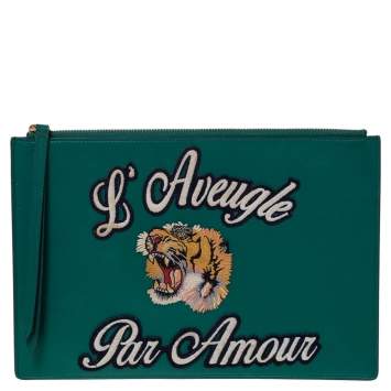 Pre Owned Gucci Green Leather L'Aveugle Par Amour Pouch