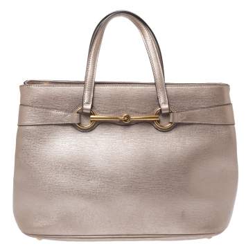 Pre Owned Gucci Metallic Beige Leather Bright Bit Tote