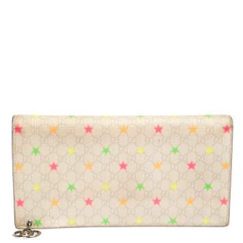 Pre Owned Gucci White Micro GG Supreme Canvas Neon Stars Continental Wallet 