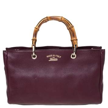 Pre Owned Gucci Burgundy Leather Medium Bamboo Tote