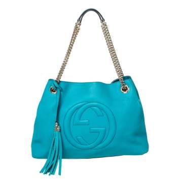 Pre Owned Gucci Turquoise Leather Medium Soho Tote