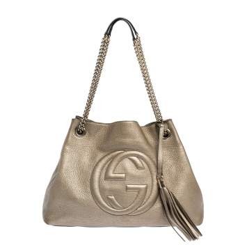 Pre Owned Gucci Gold Pebbled Leather Medium Soho Tote