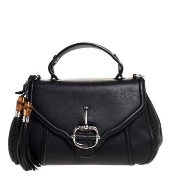 Pre Owned Gucci Black Leather Techno Horsebit Top Handle Bag