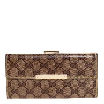 Pre Owned Gucci Beige/Gold GG Crystal Canvas and Leather Logo Metal Plate Continental Wallet