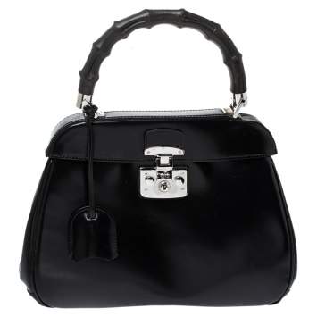 Pre Owned Gucci Black Patent Leather Lady Lock Bamboo Top Handle Bag