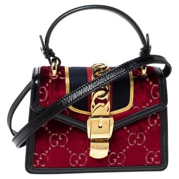 مملوكة مسبقًا Gucci Multicolor Velvet and Patent Leather Mini Web Chain Sylvie Top Handle bag