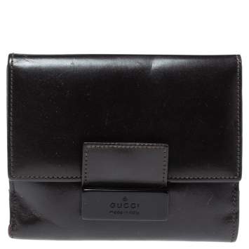 Pre Owned Gucci Dark Brown Leather Compact Wallet