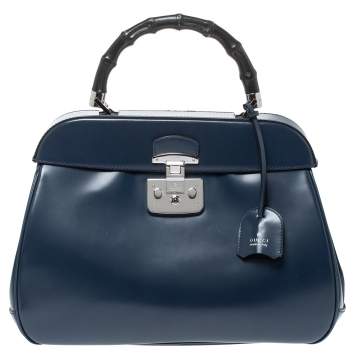 Pre Owned Gucci Blue Patent Leather Lady Lock Bamboo Large Top Handle Bag