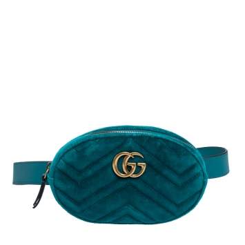 Pre Owned Gucci Turquoise Matelasse Velvet GG Marmont Belt Bag