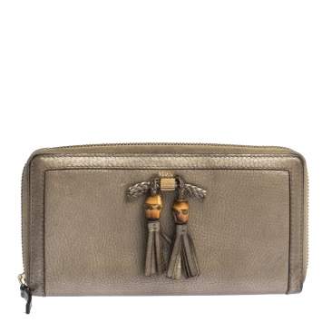 Pre Owned Gucci Gold Leather Bamboo Tassel Bow Zip Around Wallet