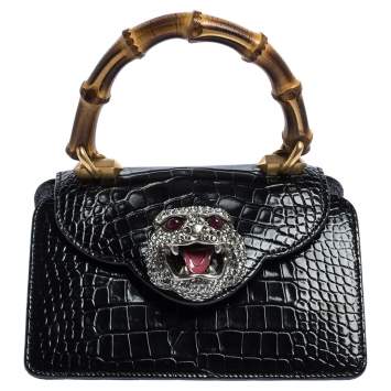 Pre Owned Gucci Black Shine Alligator Mini Thiara Bamboo Top Handle Bag