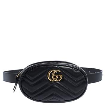Pre Owned Gucci Black Matelasse Leather GG Marmont Belt Bag