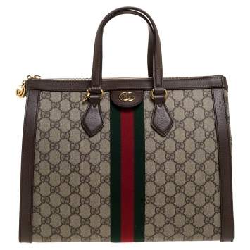Pre Owned Gucci Brown/Beige GG Supreme Canvas and Leather Medium Ophidia Tote
