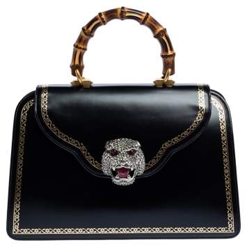 Pre Owned Gucci Black Leather Medium Thiara Bamboo Top Handle Bag