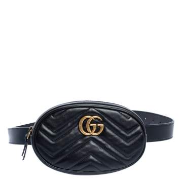 Pre Owned Gucci Black Matelasse Leather GG Marmont Belt Bag