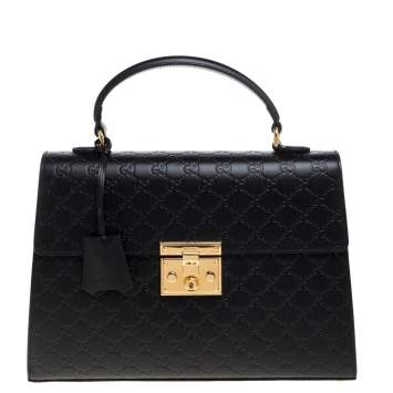 مملوكة مسبقًا Gucci Black Guccissima Leather Medium Padlock Top Handle Bag