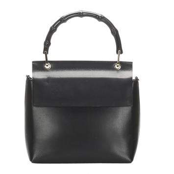 Pre Owned Gucci Black Calf Leather Bamboo Top Handle Bag