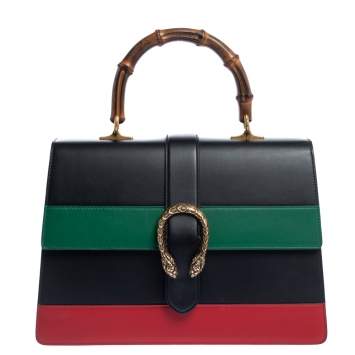Pre Owned Gucci Tri Color Leather Large Dionysus Bamboo Top Handle Bag