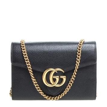 Pre Owned Gucci Black Leather GG Marmont Wallet on Chain