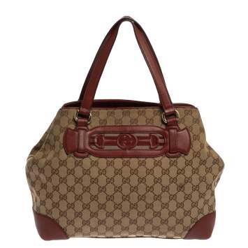 Pre Owned Gucci Beige/Red GG Canvas and Leather Medium Supreme Web Dressage Tote
